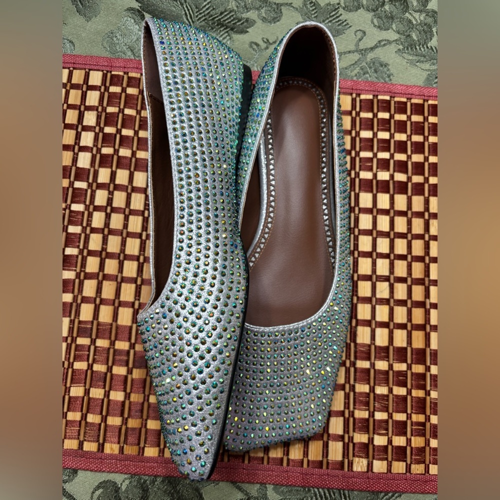 Source Unknown Iridescent Crystal-Embellished Square-Toe Flats in Green - Picture 2 of 4